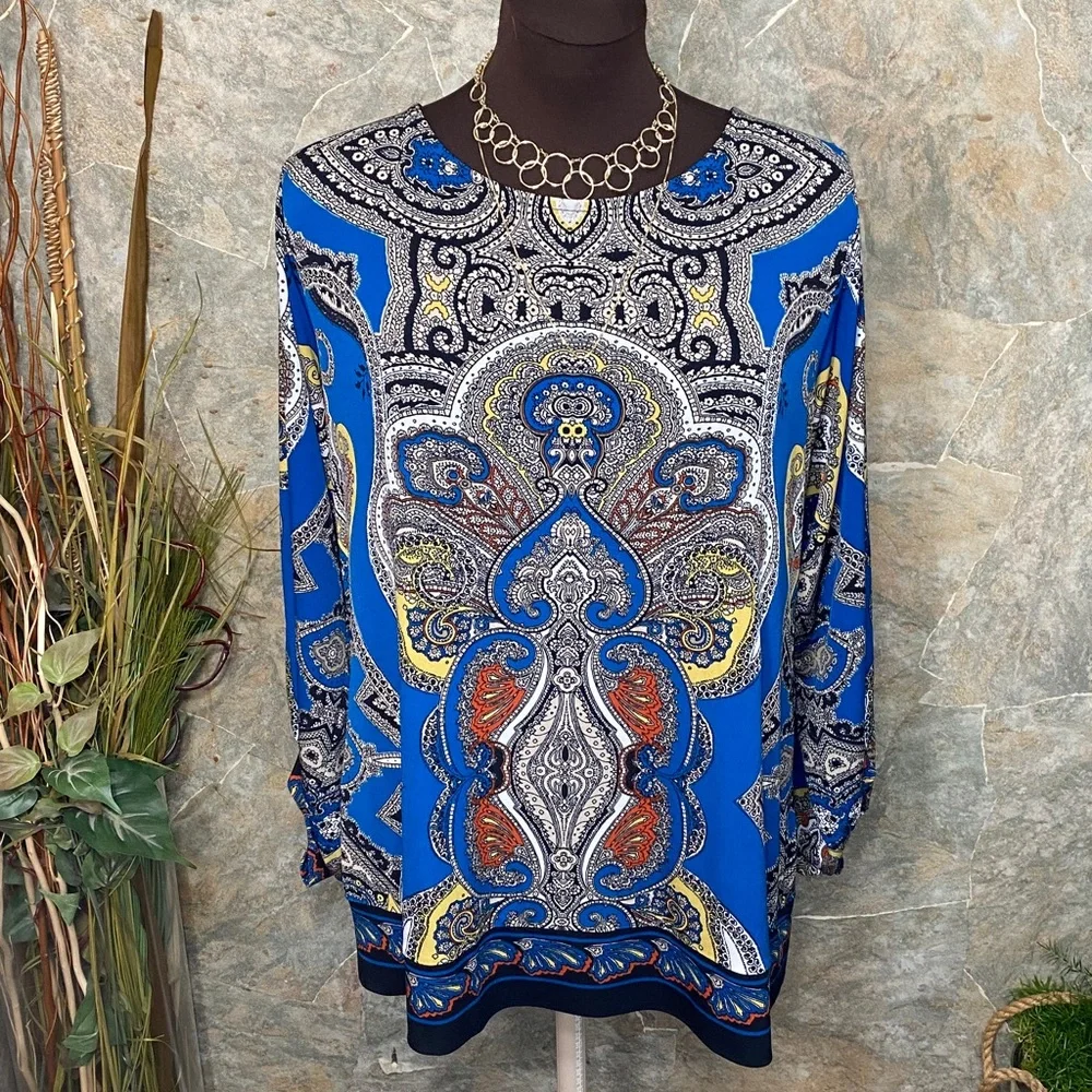 Alani shirt top blouse tunic colorful vibrant paisley stretch extra sleeves XL - Picture 1 of 11